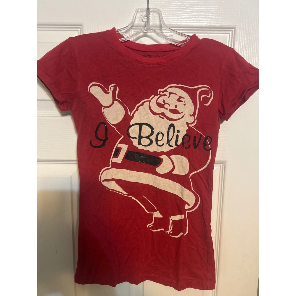 LOL Vintage Womens Red I Believe Santa Claus Glitter Graphic T-Shirt‎ Small